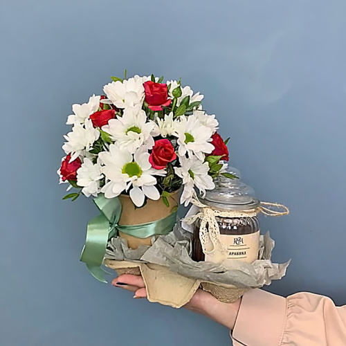 Сет "Романтичный". Набор стаканчик с цветами и аромасвечой в банке арт. 70191